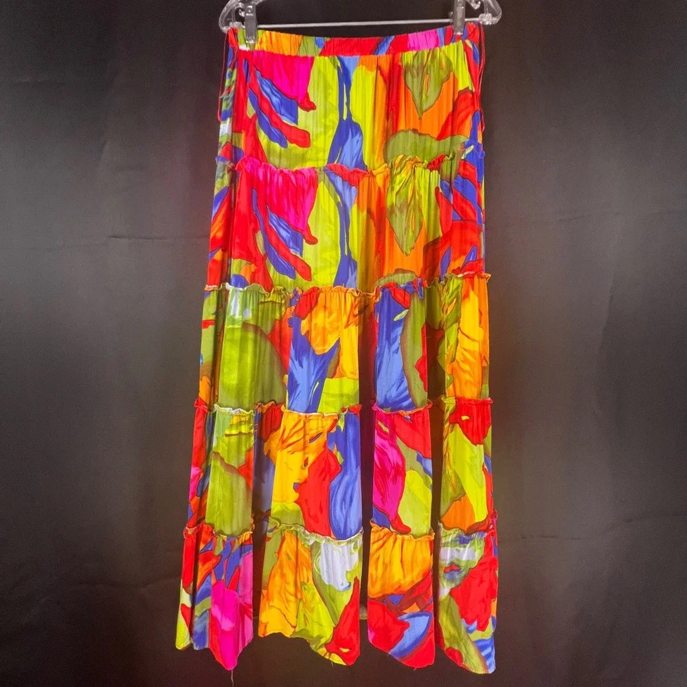 Sam and Jess Womens XS Multi Color Abstract Floral Tiered Rayon Maxi Skirt Boho